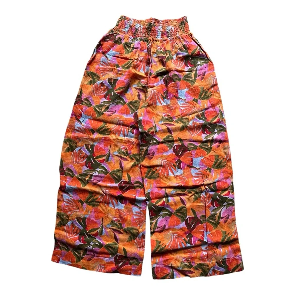 C&C California 100% Linen Orange and Pink Tropical Floral Wide Leg Pant - Picture 2 of 8